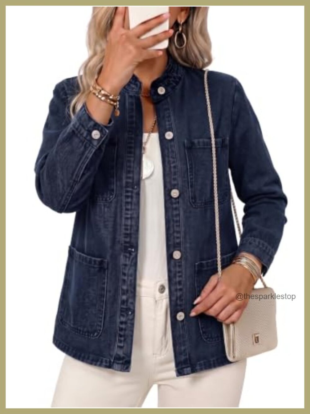 Oversized Cropped Denim Jacket with Ruffle Collar, Snap Closure, Long Sleeve